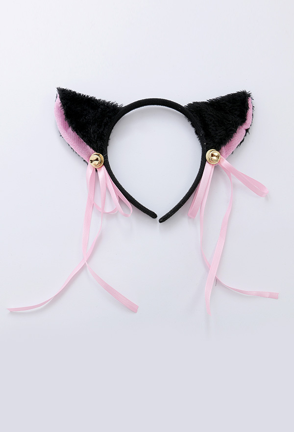 Kawaii Cat Two-piece Lingerie Set Black Chiffon Cat-shaped Chest Ruffle Decorated Bikini Set with Necklace and Headdress