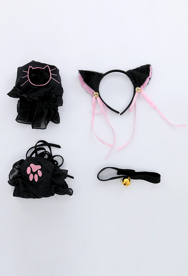 Kawaii Cat Two-piece Lingerie Set Black Chiffon Cat-shaped Chest Ruffle Decorated Bikini Set with Necklace and Headdress