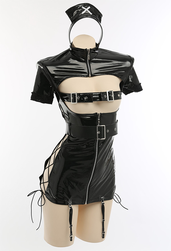 Ur Medi-sin Gothic Sexy Nurse Costume Black Lace-up Outfit With Belt Lace Mask And Headband