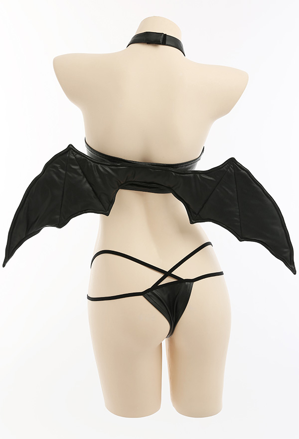 Woman Fashion Gothic Sexy Open Chest Two-Piece Lingerie Set Black PU Leather Devil Teeth Pattern Lingerie with Hair Ring and Bat Wings