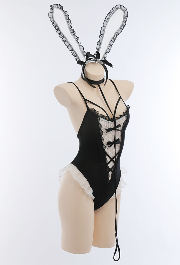 Bunny Girl Sexy See-Through Lingerie Set Black and White Bow-knot and Lace Decorated Teddy Bodysuit with Choker Headdress Stockings