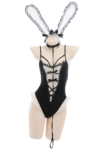 Bunny Girl Sexy See-Through Lingerie Set Black and White Bow-knot and Lace Decorated Teddy Bodysuit with Choker Headdress Stockings