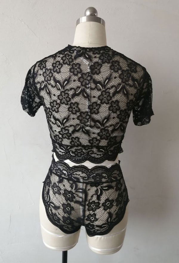 Woman Fashion Summer Temptative V Neck Two Piece Lingerie Lace Hollow See Through Floral Pattern Outfit with Garter Belts