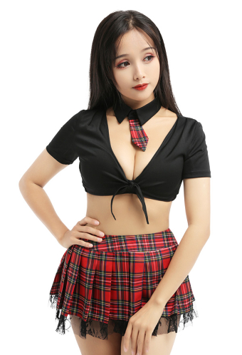 Woman Attractive High Waist Two-Piece Uniform Set School Girl Style Deep V Neck Top and Plaid Skirt Lingerie Set with Collar Tie