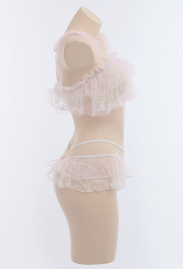 Kawaii Girl See-Through Lingerie Set Pastel Lace Ruffle Decorated Sparkle Bikini Set with Blindfold and Stockings