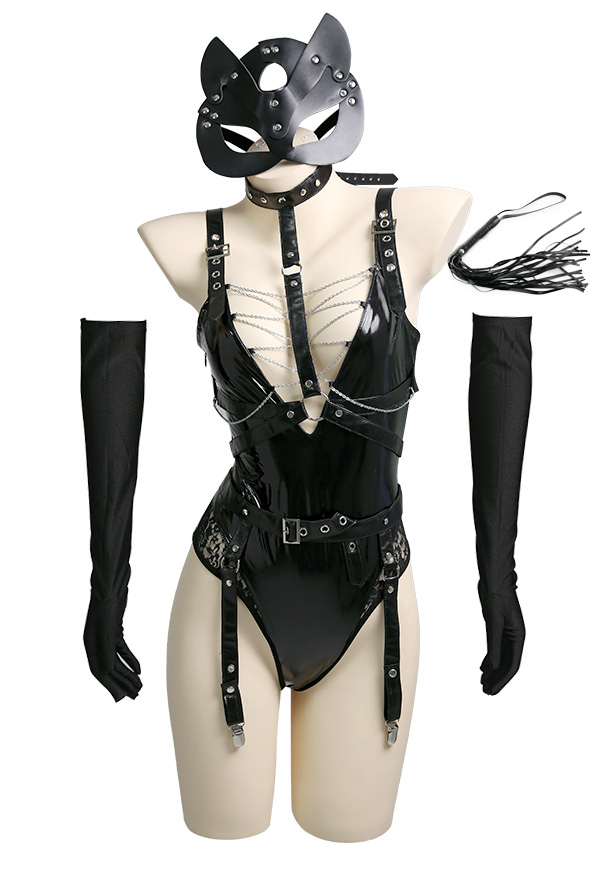 Cat Girl Women Sexy Black PU Leather Deep V Bodysuit with Mask Stockings