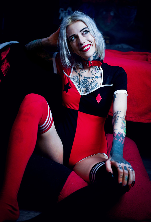 Dark Cure Women Gothic Black Red Short Sleeves Bodysuit