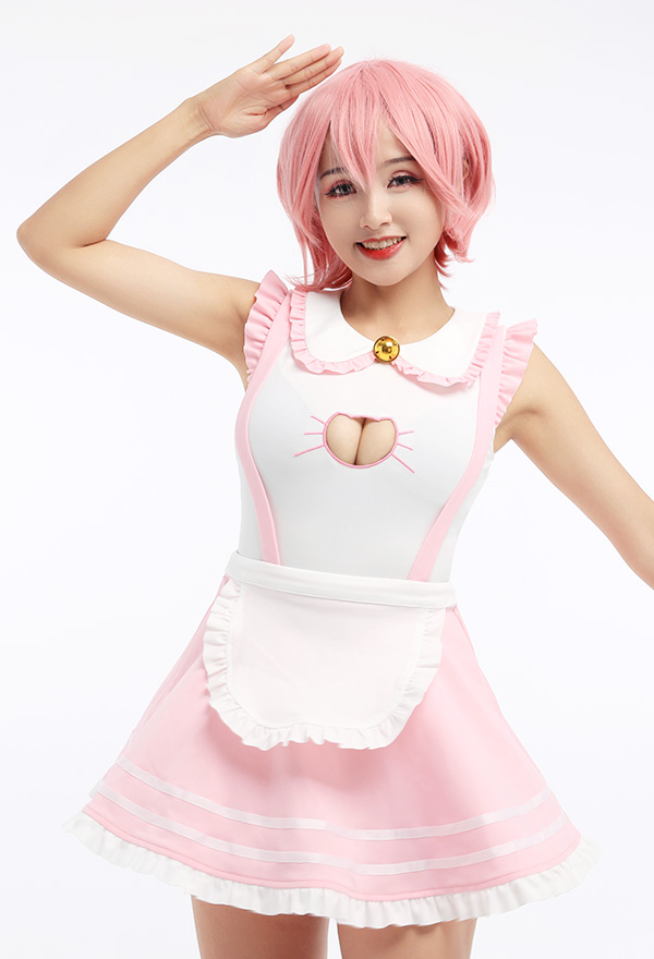 MELT YOUR HEART Cute Cat Girl Maid Uniform Sexy Style Pink Hollow Cat Shaped Chest Lapel Collar Sleeveless Bodysuit Skirt Set