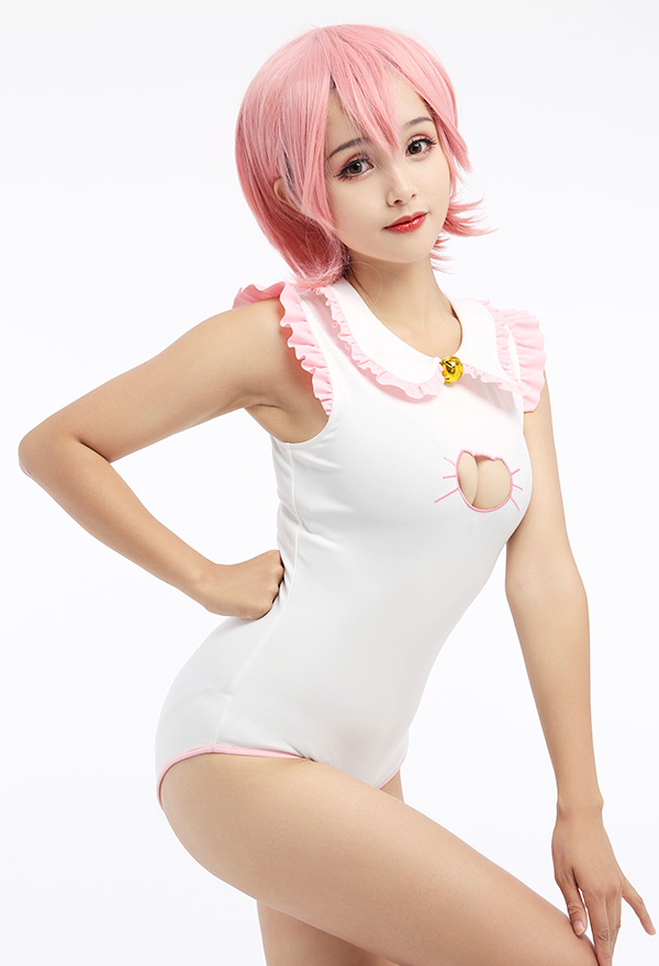 MELT YOUR HEART Cute Cat Girl Maid Uniform Sexy Style Pink Hollow Cat Shaped Chest Lapel Collar Sleeveless Bodysuit Skirt Set