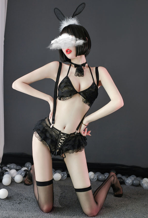 Bunny Girl Glamorous Two-Piece Lingerie Set Gothic Maid Style Lace Floweral Pattern Top And Thong with Headdress Choker