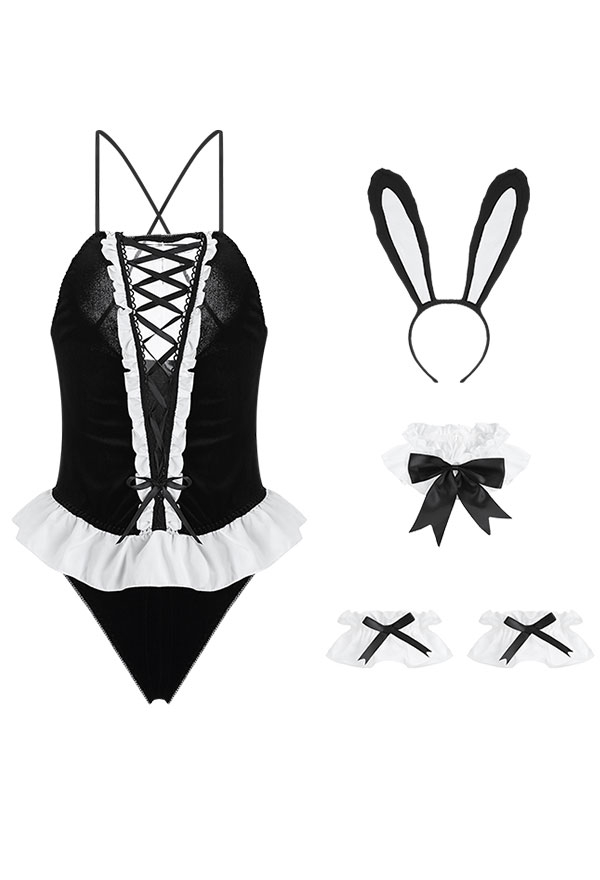 Bunny Girl Sexy One Piece Lingerie Set Gothic Lingerie Polyester Front Lace Up Ruffle 