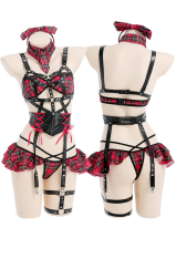 LOVEY-DOVEY Women Aesthetic School Style Sexy Lingerie Black Red Plaid Strap Lace-Up Two-Piece Lingerie