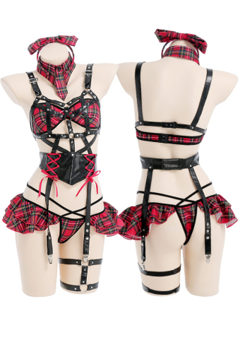 LOVEY-DOVEY Women Aesthetic School Style Sexy Lingerie Black Red Plaid Strap Lace-Up Two-Piece Lingerie