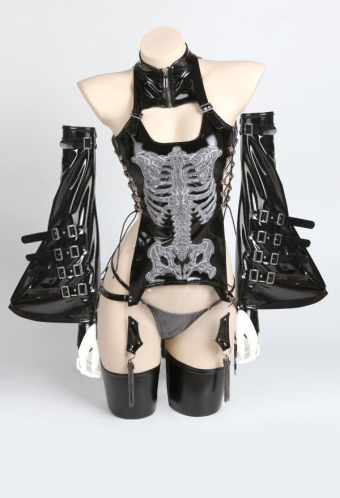 Devilicious Lover Gothic Skeleton Print Buckle Decorated Cheongsam Style Sexy Black Lingerie Set