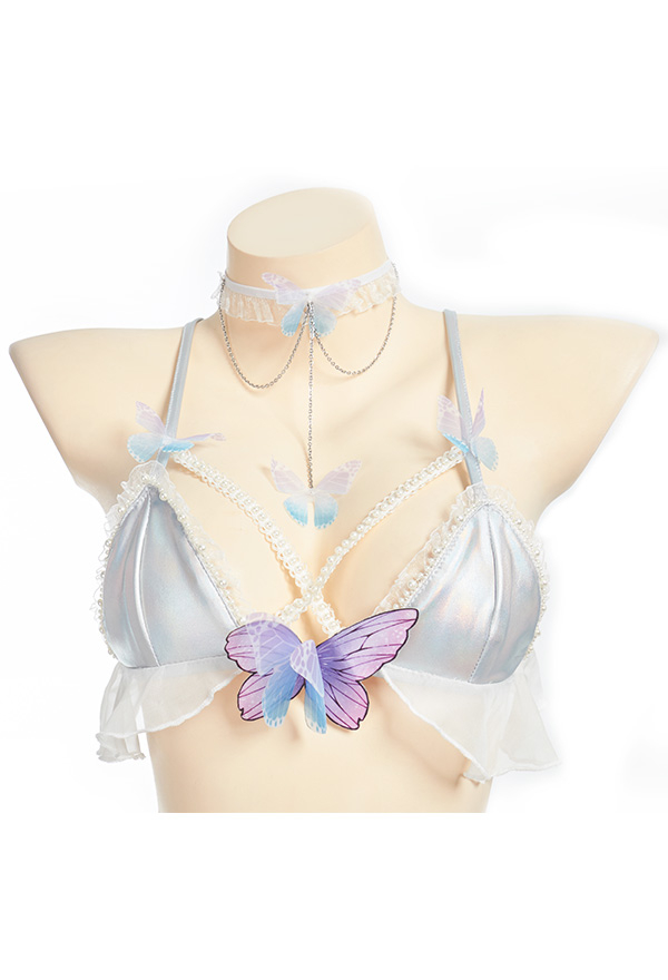 FLY ME TO THE MOON Women Sexy Butterfly Theme Lingerie Set Lace Ruffle Trim Bra and Panty Set