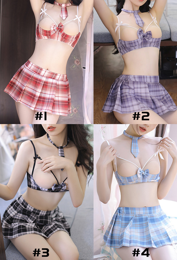 SOURCE OF JOY Kawaii Sweet Girl Cute JK Uniform Lingerie Plaid Pattern Bow Decorated Two-Piece Lingerie Set
