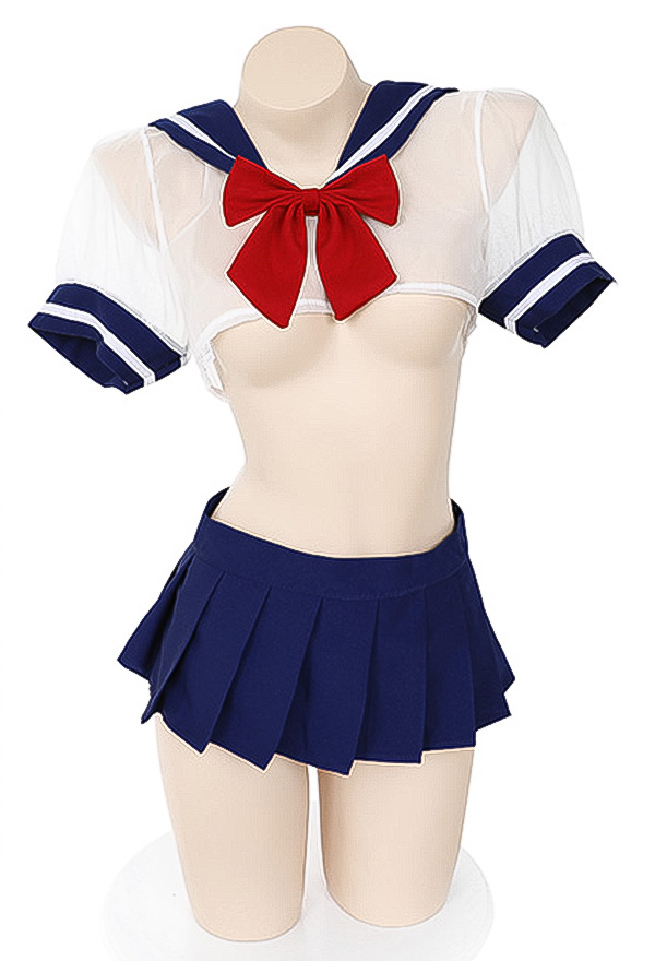 BOUND TO LOVE Kawaii Sweet Girl Adorable JK Uniform Sailor Collar Show Breast Bow Decorated Sheer Lingerie Set