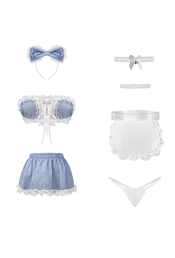 SOURCE OF JOY Kawaii Sweet Girl Maid Uniform White and Blue Plaid Lace-up Front Two-piece Lingerie Set