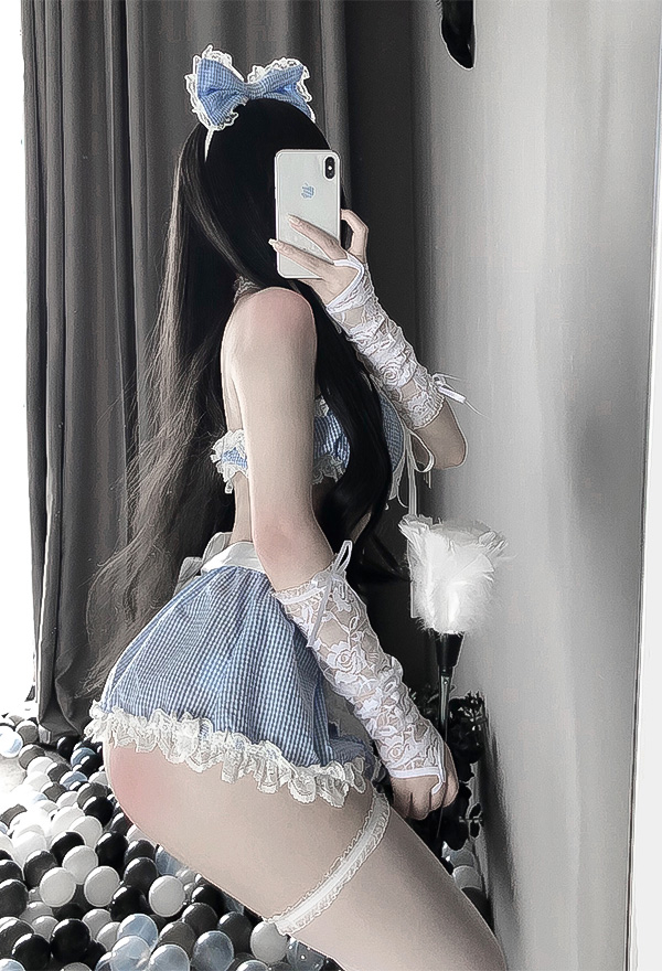 SOURCE OF JOY Kawaii Sweet Girl Maid Uniform White and Blue Plaid Lace-up Front Two-piece Lingerie Set