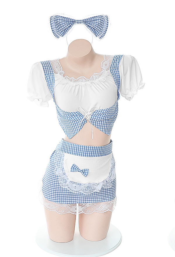 MELT YOUR HEART Kawaii Sweet Girl Maid Uniform White and Blue Plaid Strap Lace Trim Lingerie Set