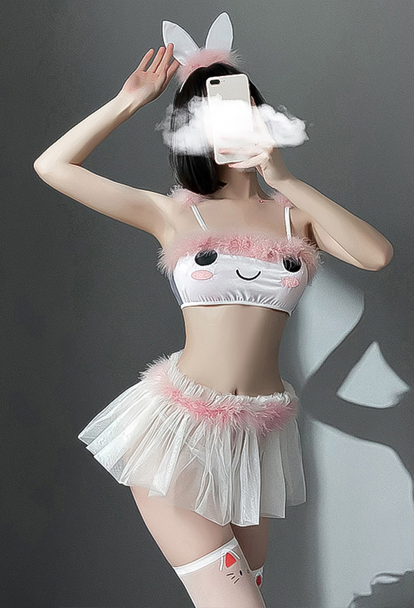 NAUGHTY LOVE Kawaii Sweet Girl Cute Adorable Lingerie White and Pink Smile Anime Pattern Fluffy Decoration Lingerie