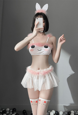 NAUGHTY LOVE Kawaii Sweet Girl Cute Adorable Lingerie White and Pink Smile Anime Pattern Fluffy Decoration Lingerie