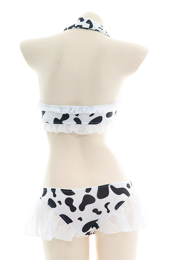 MELT YOUR HEART Kawaii Sweet Girl Cute Three-point Lingerie Set Cow Pattern Ruffle Trim Decoration Halter Bikini Set