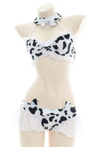 MELT YOUR HEART Kawaii Sweet Girl Cute Three-point Lingerie Set Cow Pattern Ruffle Trim Decoration Halter Bikini Set