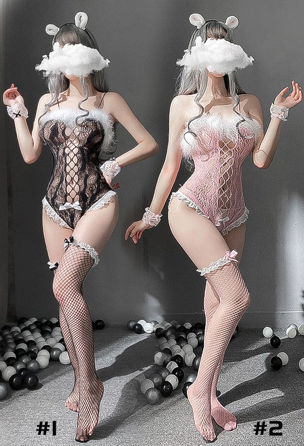 MY HAUNTED HEART Kawaii Sweet Girl Adorable One Piece Lingerie Pink Lace Sheer Fluffy Trim Bodysuit Lingerie