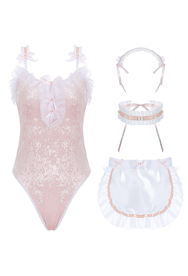 SOURCE OF JOY Kawaii Sweet Girl Adorable Maid Lingerie Set Pink and White Bow and Lace Decorated Bodysuit with Apron