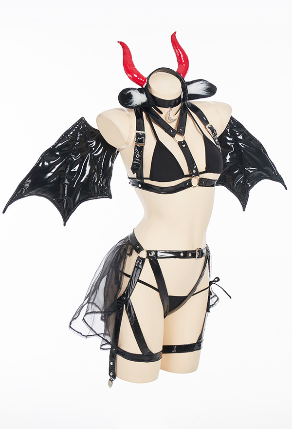 SATAN'S KISS Devil Cow Temptation Lingerie Black PU Leather Bat Wings Decorated Bikini Top and Thong