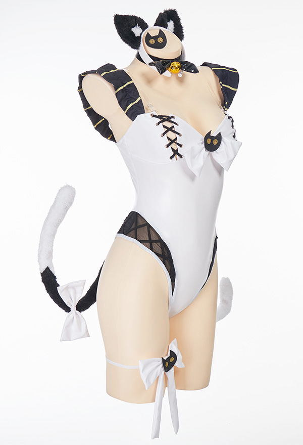 Night Kitten Elf Onesies Sexy Style Black and White Lace-up Chest Cat Bow Decorated Two-tailed Bodysuit Costume