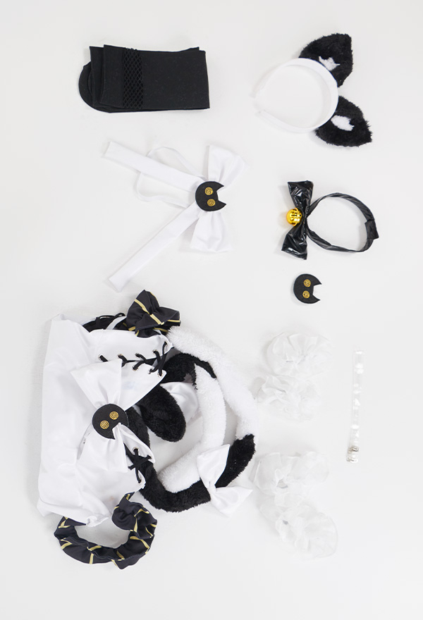 Night Kitten Elf Onesies Sexy Style Black and White Lace-up Chest Cat Bow Decorated Two-tailed Bodysuit Costume