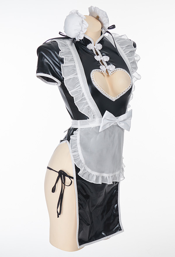 Call me Baby Gothic Sexy Maid Uniform Sexy Cheongsam Style Black and White Heart-Shaped Open Chest Dress with Ruffle Edged Apron