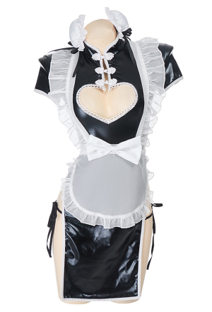 Call me Baby Gothic Sexy Maid Uniform Sexy Cheongsam Style Black and White Heart-Shaped Open Chest Dress with Ruffle Edged Apron