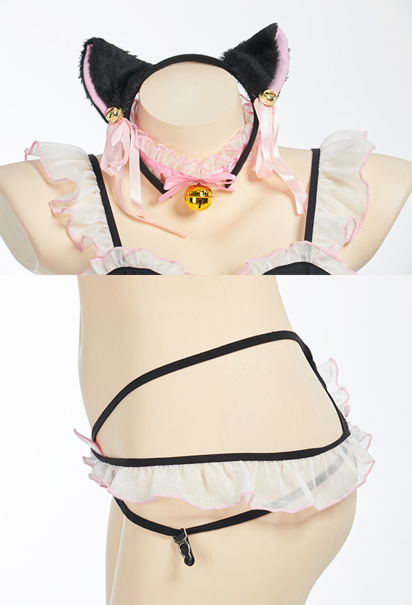 Kawaii Sweet Kitten Fancy Night Sexy Lingerie Cute Style Black and White Cat Shaped Open Chest Heart Top and Thong Lingerie Set