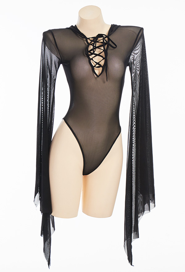 BITE ME LIGHTLY Bat Wing Sleeves Sexy Bodysuit Black Sheer Spandex Lace-up Chest Hooded Witch Bodysuit with Stockings
