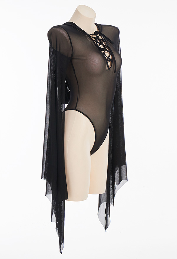BITE ME LIGHTLY Bat Wing Sleeves Sexy Bodysuit Black Sheer Spandex Lace-up Chest Hooded Witch Bodysuit with Stockings