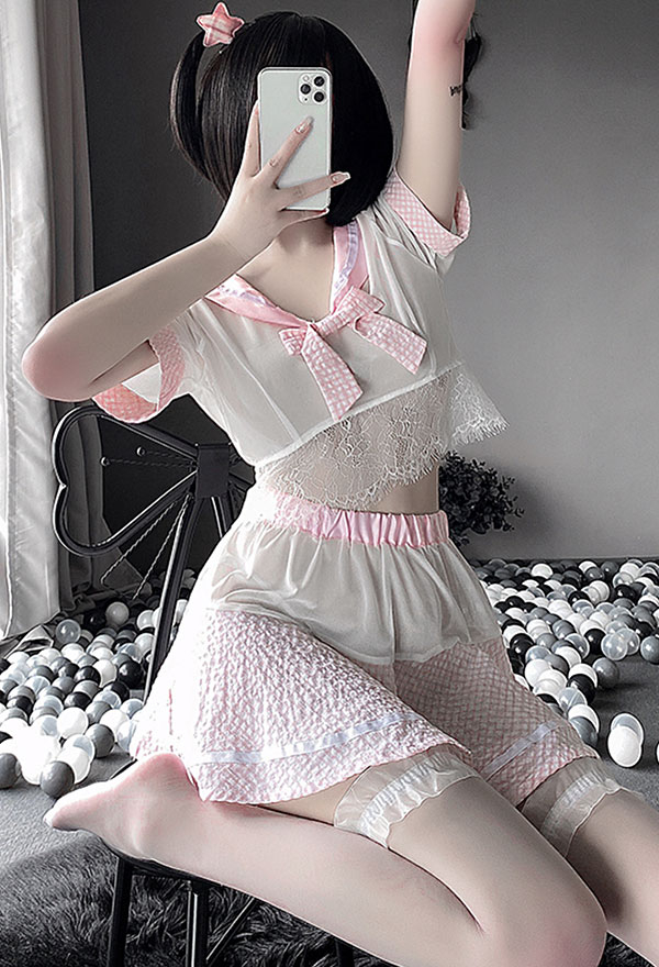 SINK IN LOVE Kawaii School Girl Attractive Cute Uniform Pink and White Sailor Collar Bow Decorated Lace Hem Lingerie Set