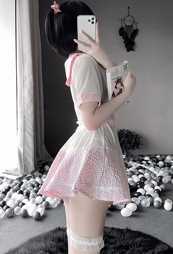SINK IN LOVE Kawaii School Girl Attractive Cute Uniform Pink and White Sailor Collar Bow Decorated Lace Hem Lingerie Set