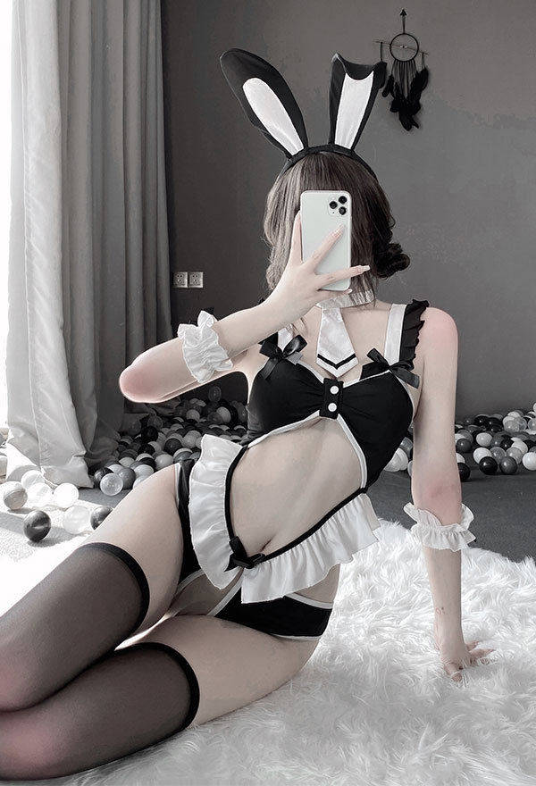 INDULGE THE NIGHT Gothic Bunny Girl Sexy Uniform Black and White Ruffle Decorated Waist Hollowed Bodysuit with Headdress