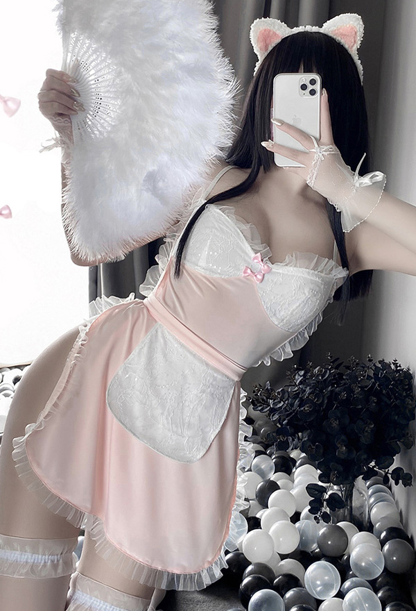 BLOOM for YOU Women Sexy Attractive Maid Uniform Cute Style Pink Show Breast Lace Ruffle Trim Lingerie Set