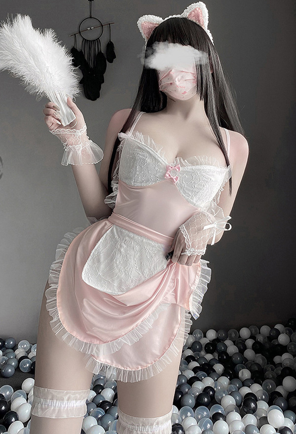 BLOOM for YOU Women Sexy Attractive Maid Uniform Cute Style Pink Show Breast Lace Ruffle Trim Lingerie Set