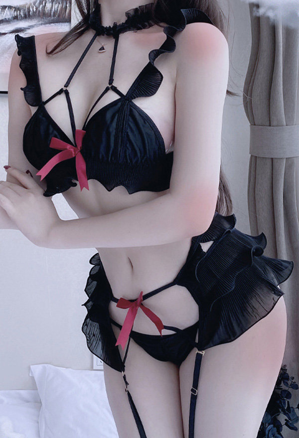 Passion Release Gothic Attractive Three-Point Lingerie Sexy Style Black Bow Decorated Ruffle Edge Lingerie