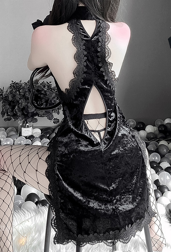 Gothic Fancy Night Valentine Vintage Sexy Lingerie Cheongsam Style Black Velvet Lace Edge Open Chest Halter Lingerie Dress