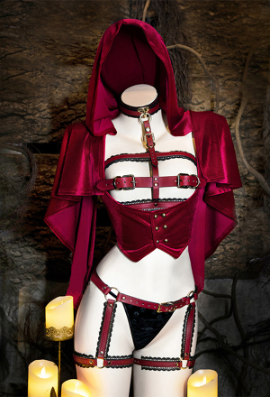 BLOOD ROSY BRIDE Sexy Girls Valentine Lingerie Set Red Velvet Hollowed Open Chest Lingerie with garters