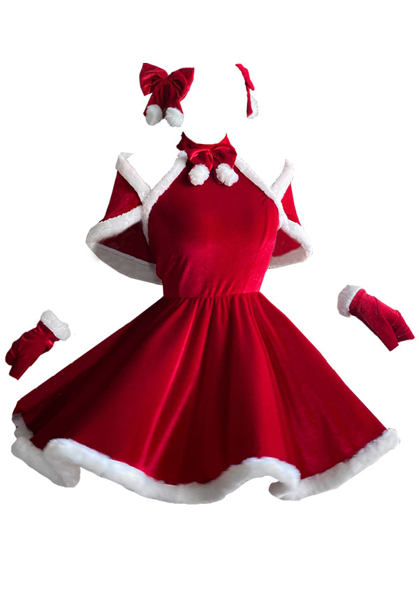 Xmas Elf Women Sweet Elf Christmas Costume Maid Style Red Velvet Bowknot Decorated Cold Shoulder Hot Dress with Shawl