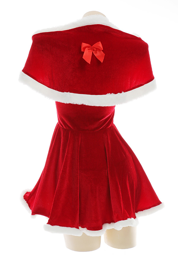 Xmas Elf Women Sweet Elf Christmas Costume Maid Style Red Velvet Bowknot Decorated Cold Shoulder Hot Dress with Shawl