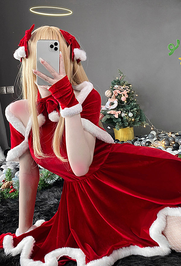 Women Sweet Elf Christmas Costume Maid Style Red Velvet Bowknot Decorated Cold Shoulder Hot Dress with Shawl