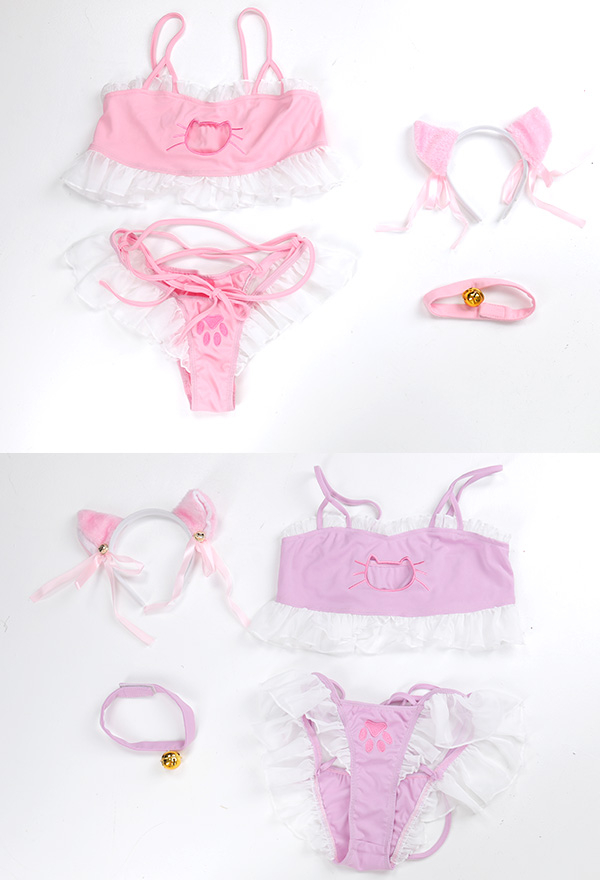 MELT YOUR HEART Sweet Girl Cute Two-piece Lingerie Set Sexy Style Pastel Hollow Cat Shaped Chest Ruffle Trim Decorated Lingerie